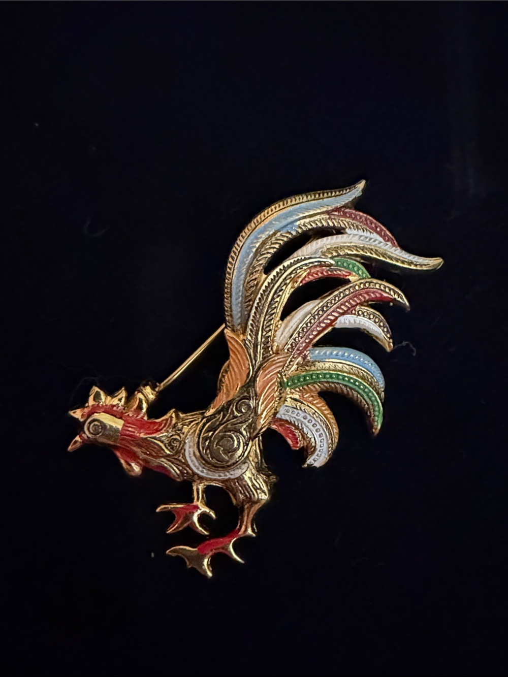Vintage Mid Century Damascene Rooster Brooch Multicolor Spain (Toledo)